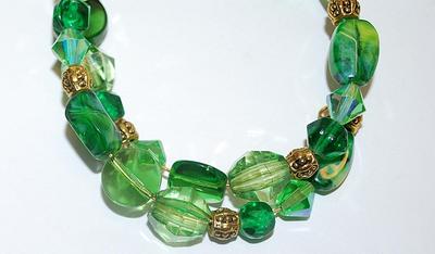Emerald GREEN Beaded WRAP-AROUND BRACELET (2"+ Opening) with Gold Tone Barrel Spacers