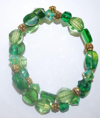 Emerald GREEN Beaded WRAP-AROUND BRACELET (2"+ Opening) with Gold Tone Barrel Spacers