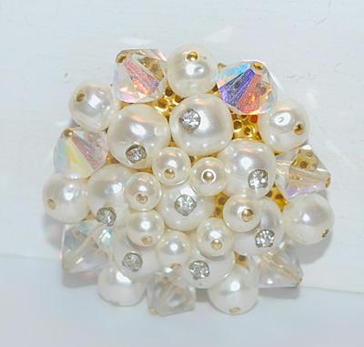 Faux Pearl BROOCH (1¾" Diam.) with Clear Stone "Tips" and Iridescent Prism Beads with Dark Gold Tone Setting
