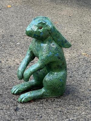 Sale Photo Thumbnail #1885: pottery made sculpture of green rabbit - can be used in the garden, porch, or home