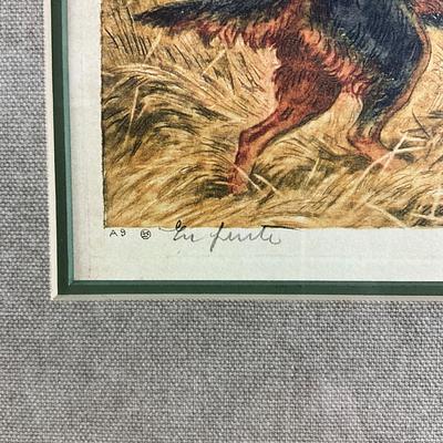 002 Retriever Hunting Dog With Duck In Flight Etching Hand-Colored By Paul Wood