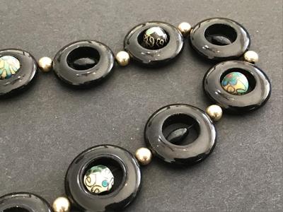 Black onyx Disk Chinese Cloisonne Bead Necklaces Nice Vintage