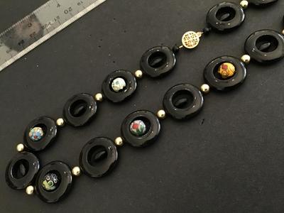 Black onyx Disk Chinese Cloisonne Bead Necklaces Nice Vintage