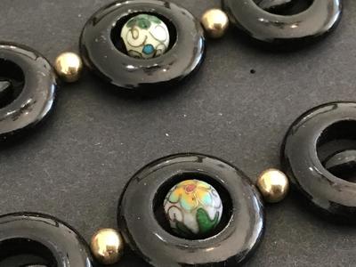 Black onyx Disk Chinese Cloisonne Bead Necklaces Nice Vintage