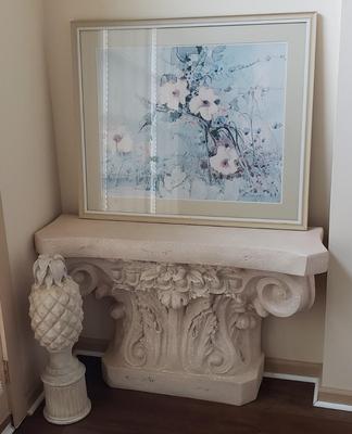 LOT 3M: Decorative Console Table, Pineapple Finial Statue & Framed Art Signed Alexander Ross