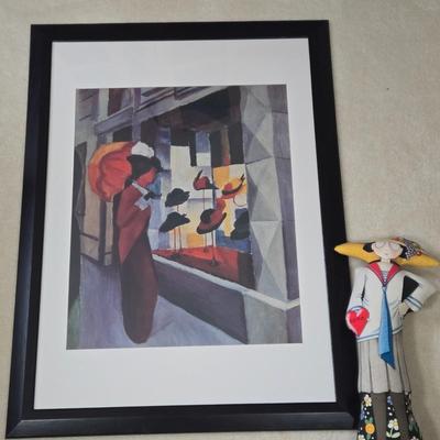 LOT 29Z: Woman with Umbrella in Front of a Hat Shop Print and Mary Engelbreit Here Is My Heart Weighted Fabric Doll