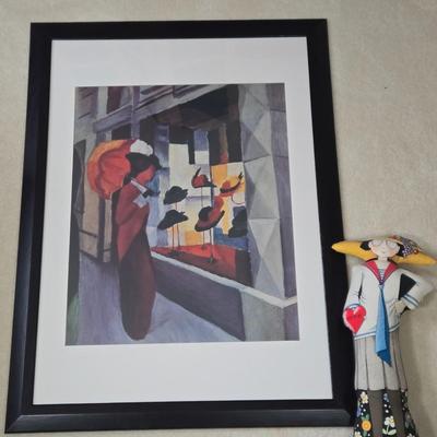 LOT 29Z: Woman with Umbrella in Front of a Hat Shop Print and Mary Engelbreit Here Is My Heart Weighted Fabric Doll