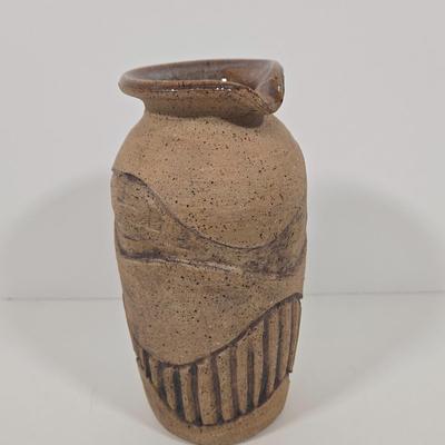 LOT 32Z: Wooden Torso Figurine, Pottery Jar with Spout, and Round Vase