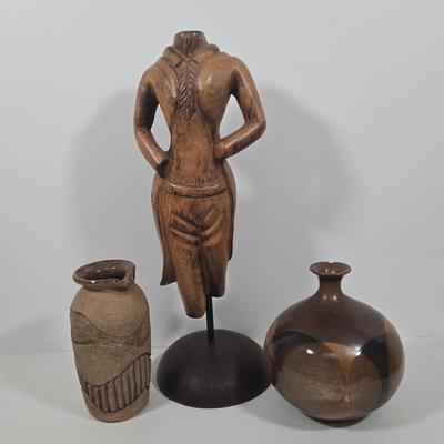 LOT 32Z: Wooden Torso Figurine, Pottery Jar with Spout, and Round Vase