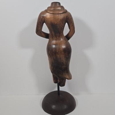 LOT 32Z: Wooden Torso Figurine, Pottery Jar with Spout, and Round Vase