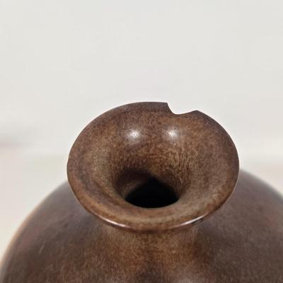 LOT 32Z: Wooden Torso Figurine, Pottery Jar with Spout, and Round Vase