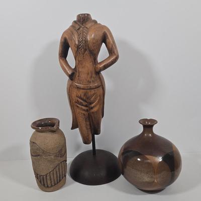 LOT 32Z: Wooden Torso Figurine, Pottery Jar with Spout, and Round Vase