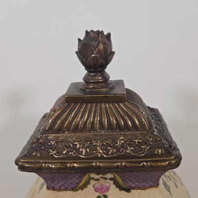 LOT 33Z: Japanese Earthenware Pottery Jar with Brass Lid and Base and Dried Flower Art Hand Made in Switzerland