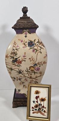 LOT 33Z: Japanese Earthenware Pottery Jar with Brass Lid and Base and Dried Flower Art Hand Made in Switzerland