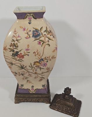 LOT 33Z: Japanese Earthenware Pottery Jar with Brass Lid and Base and Dried Flower Art Hand Made in Switzerland