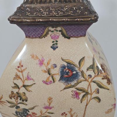 LOT 33Z: Japanese Earthenware Pottery Jar with Brass Lid and Base and Dried Flower Art Hand Made in Switzerland