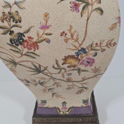 LOT 33Z: Japanese Earthenware Pottery Jar with Brass Lid and Base and Dried Flower Art Hand Made in Switzerland