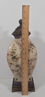 LOT 33Z: Japanese Earthenware Pottery Jar with Brass Lid and Base and Dried Flower Art Hand Made in Switzerland