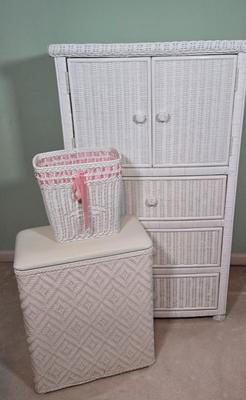 LOT 39X: Wicker Dresser, Hamper, and Waste Paper Basket