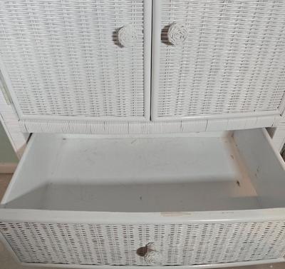 LOT 39X: Wicker Dresser, Hamper, and Waste Paper Basket