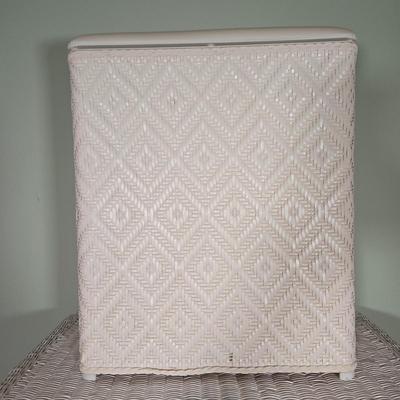 LOT 39X: Wicker Dresser, Hamper, and Waste Paper Basket