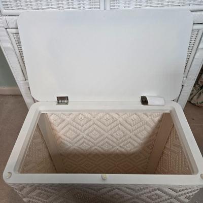 LOT 39X: Wicker Dresser, Hamper, and Waste Paper Basket