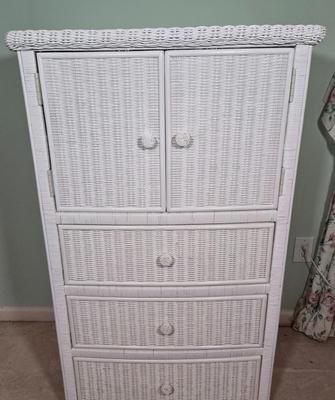 LOT 39X: Wicker Dresser, Hamper, and Waste Paper Basket