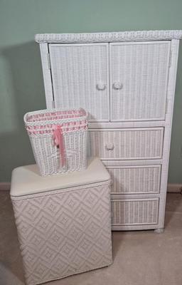 LOT 39X: Wicker Dresser, Hamper, and Waste Paper Basket