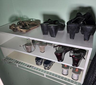 LOT 40X: Young Ladies Closet Lot Including Shoe Shelf, White Sweater Shelf, Shoes, Formal Dresses, Plastic Drawer Unit, Boots, and More