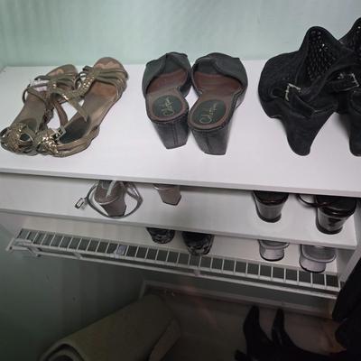 LOT 40X: Young Ladies Closet Lot Including Shoe Shelf, White Sweater Shelf, Shoes, Formal Dresses, Plastic Drawer Unit, Boots, and More