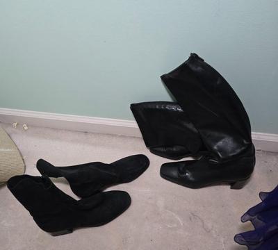 LOT 40X: Young Ladies Closet Lot Including Shoe Shelf, White Sweater Shelf, Shoes, Formal Dresses, Plastic Drawer Unit, Boots, and More