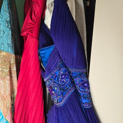 LOT 40X: Young Ladies Closet Lot Including Shoe Shelf, White Sweater Shelf, Shoes, Formal Dresses, Plastic Drawer Unit, Boots, and More