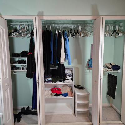 LOT 40X: Young Ladies Closet Lot Including Shoe Shelf, White Sweater Shelf, Shoes, Formal Dresses, Plastic Drawer Unit, Boots, and More