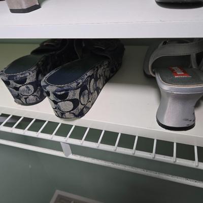 LOT 40X: Young Ladies Closet Lot Including Shoe Shelf, White Sweater Shelf, Shoes, Formal Dresses, Plastic Drawer Unit, Boots, and More