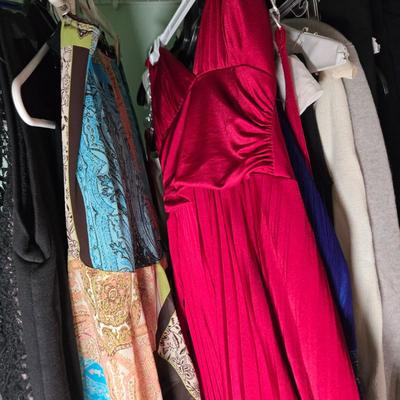 LOT 40X: Young Ladies Closet Lot Including Shoe Shelf, White Sweater Shelf, Shoes, Formal Dresses, Plastic Drawer Unit, Boots, and More