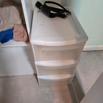 LOT 40X: Young Ladies Closet Lot Including Shoe Shelf, White Sweater Shelf, Shoes, Formal Dresses, Plastic Drawer Unit, Boots, and More