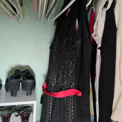 LOT 40X: Young Ladies Closet Lot Including Shoe Shelf, White Sweater Shelf, Shoes, Formal Dresses, Plastic Drawer Unit, Boots, and More