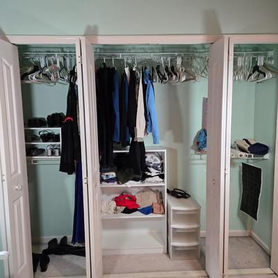 LOT 40X: Young Ladies Closet Lot Including Shoe Shelf, White Sweater Shelf, Shoes, Formal Dresses, Plastic Drawer Unit, Boots, and More