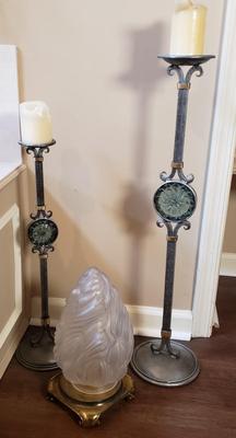 LOT 75MB: Vintage Frosted Glass Flame Lamp Shade on Brass Base & Pair of Wrought Iron Candle Holders with Glass Inserts