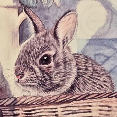 LOT 82X: Bunny Nursery Decor Including Framed Print, TY Beanie Babies Hoppity, Artist Original Music Box, and More