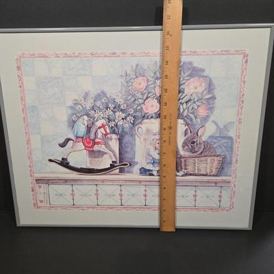 LOT 82X: Bunny Nursery Decor Including Framed Print, TY Beanie Babies Hoppity, Artist Original Music Box, and More