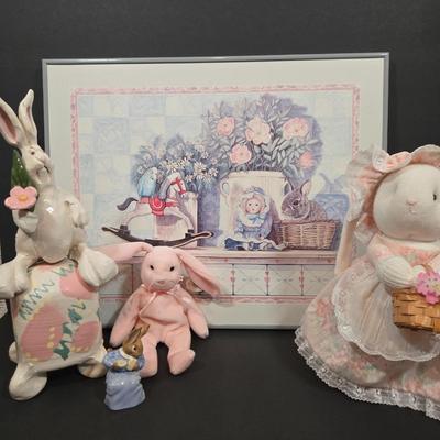LOT 82X: Bunny Nursery Decor Including Framed Print, TY Beanie Babies Hoppity, Artist Original Music Box, and More