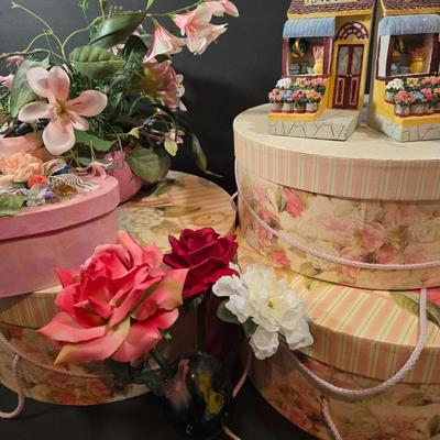 LOT 86X: Three Flowered Hat Boxes, Glass Paper Weight, Flower Pens, and More