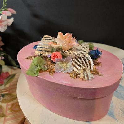 LOT 86X: Three Flowered Hat Boxes, Glass Paper Weight, Flower Pens, and More