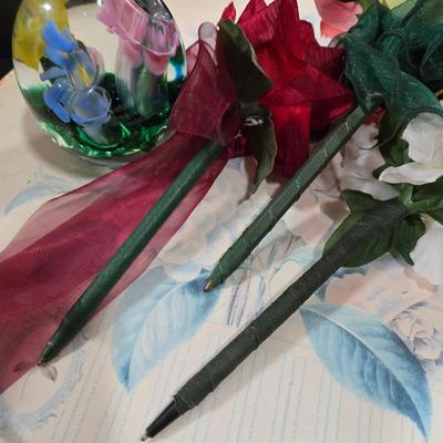 LOT 86X: Three Flowered Hat Boxes, Glass Paper Weight, Flower Pens, and More