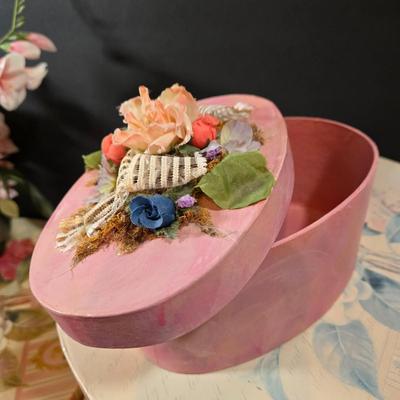 LOT 86X: Three Flowered Hat Boxes, Glass Paper Weight, Flower Pens, and More