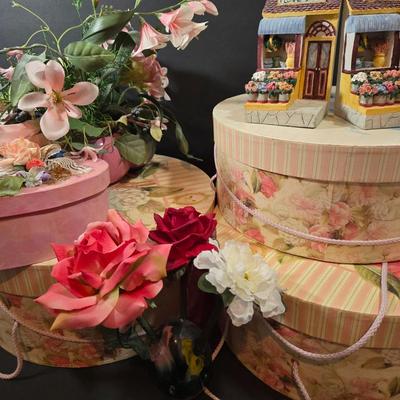 LOT 86X: Three Flowered Hat Boxes, Glass Paper Weight, Flower Pens, and More