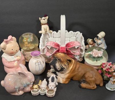 LOT 91X: Ceramic Basket, Snow Globe, Coin Banks, and More