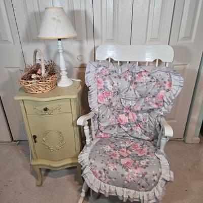 LOT 100X: Rocking Chair with Pads, Side Table with Cabinet, and Lamp