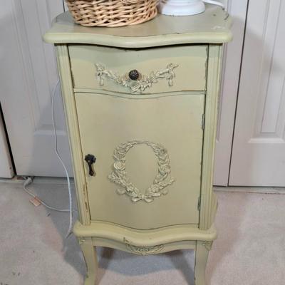 LOT 100X: Rocking Chair with Pads, Side Table with Cabinet, and Lamp